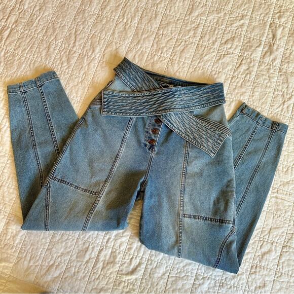 ULLA JOHNSON Otto Bowed Barrel Leg Jean Tie Front Button Fly High Rise 0 NEW - Picture 2 of 12